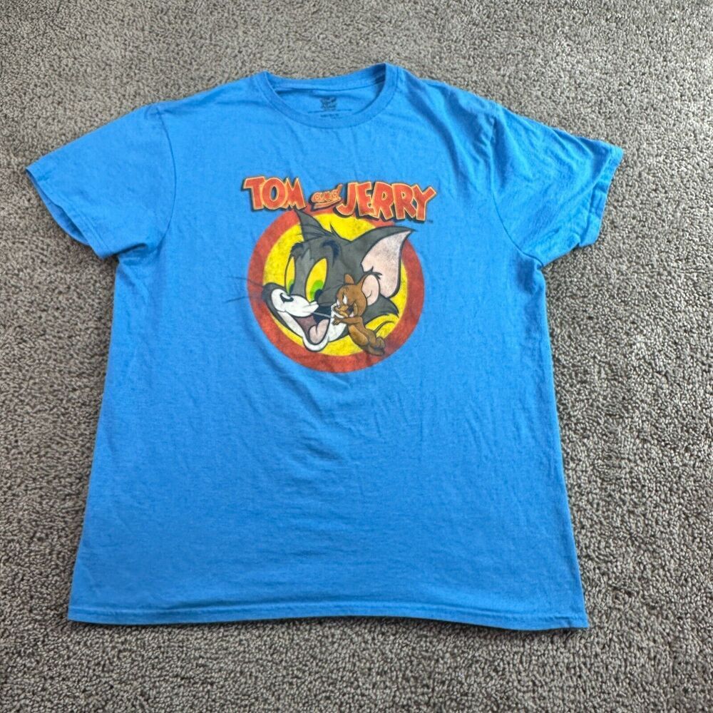 Tom & Jerry Shirt Mens Large Blue Orange Retro Cartoon Short Sleeve Casual *